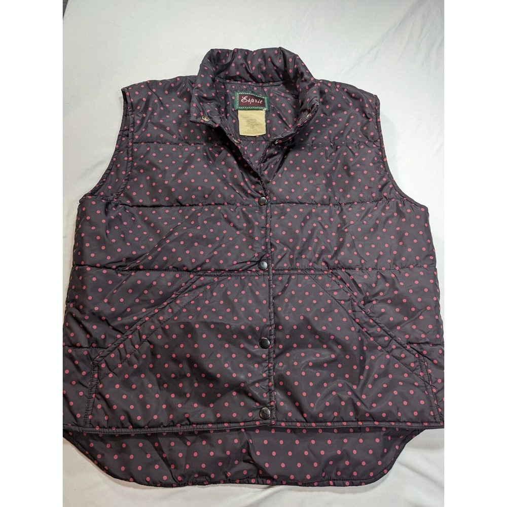 Esprit Black Puffer Vest Women Small Red Polka Dot Nylon Vintage Winter